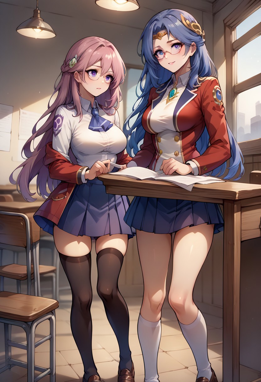 score_9, score_8_up, score_7_up,  <lora:tialuna-pdxl-nvwls-v1-000006:1.0> tialuna,medium breasts , blue hair, purple eyes, tattoo, circlet, hair ornament,  <lora:emma-rebake3:0.8>, glasses, loafers, long hair, pink hair, pleated skirt, red jacket, single braid, thighhighs, white shirt, desk, chair, standing