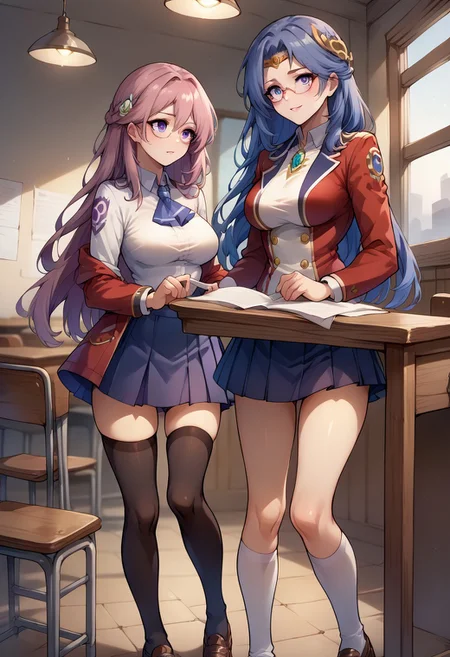 score_9, score_8_up, score_7_up, <lora:tialuna-pdxl-nvwls-v1-000006:1.0> tialuna,medium breasts , blue hair, purple eyes, tattoo, circlet, hair ornament, <lora:emma-rebake3:0.8>, glasses, loafers, long hair, pink hair, pleated skirt, red jacket, single braid, thighhighs, white shirt, desk, chair, standing