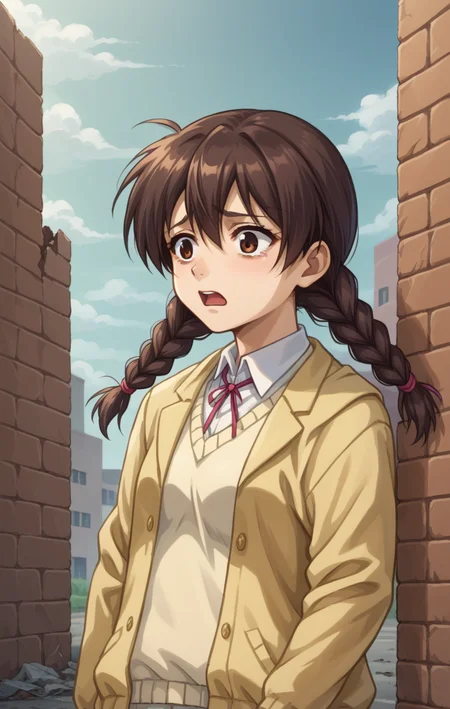 score_9, score_8_up, score_7_up, BREAK best quapoty, highres, absurdres, source_anime,GDNanao, twin braids, school uniform, sweater, jacket, upper body, standing, open mouth, :o, sad, destroyed building background, <lora:PDXL_GDNanao:1>