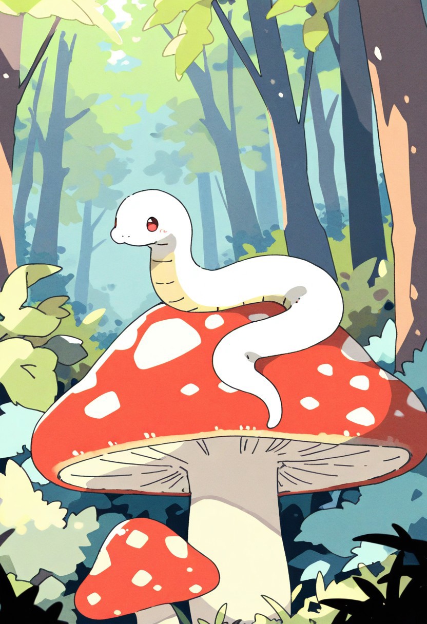 (masterpiece, best quality, high quality, highres), very awa, highres, absurdres,
(naguru \(cyoroama\), (chii-kun \(seedyoulater\):0.7), 
(snake:1.1),
(no humans:1.1), (cute:1.2), comfy, solo, cozy,
on huge mushroom, forest, sunny day, oo, sitting,