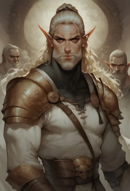 score_9, score_8_up, score_7_up, arts_angel. arts_angelstyle. Christian Angel. Christian Angel Style BREAK, 1men portrait, dramatic lights ((Elf, Monk, Fighter, Warrior, Brown Eyes, blonde hair, facial hair, long beard, white robe, white lether armor, lether armor, armor, 40 years old man, scars, muscular, athletic, wide shoulders, manly, gigachad))