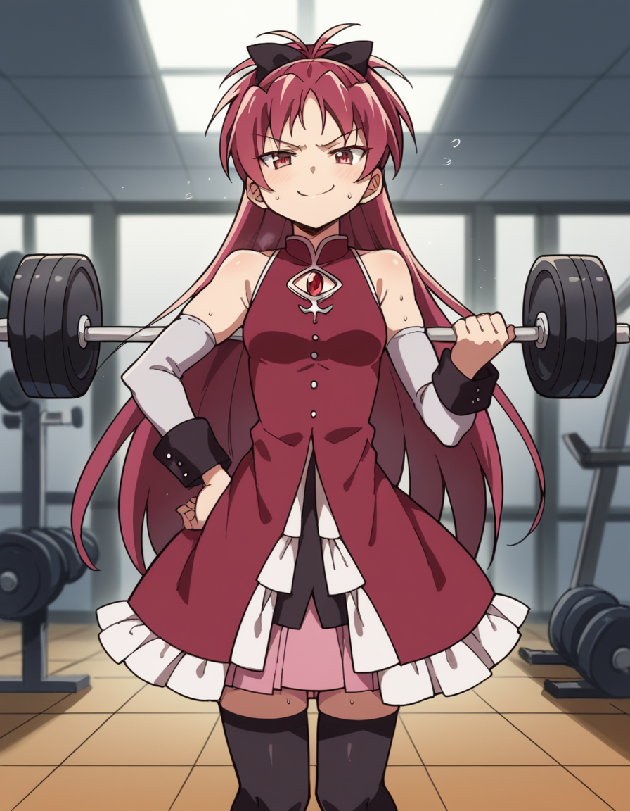 score_9, score_8_up, score_7_up, source_anime, <lora:kyouko-sakura-s1-ponyxl-lora-nochekaiser:1>, kyouko sakura, long hair, red eyes, ponytail, hair bow, red hair,, thighhighs, bare shoulders, detached sleeves, black thighhighs, magical girl,, gym, weights, machines, people, sweat, smile, smug, hand on own hip,, looking at viewer, solo,, dutch angle, cowboy shot