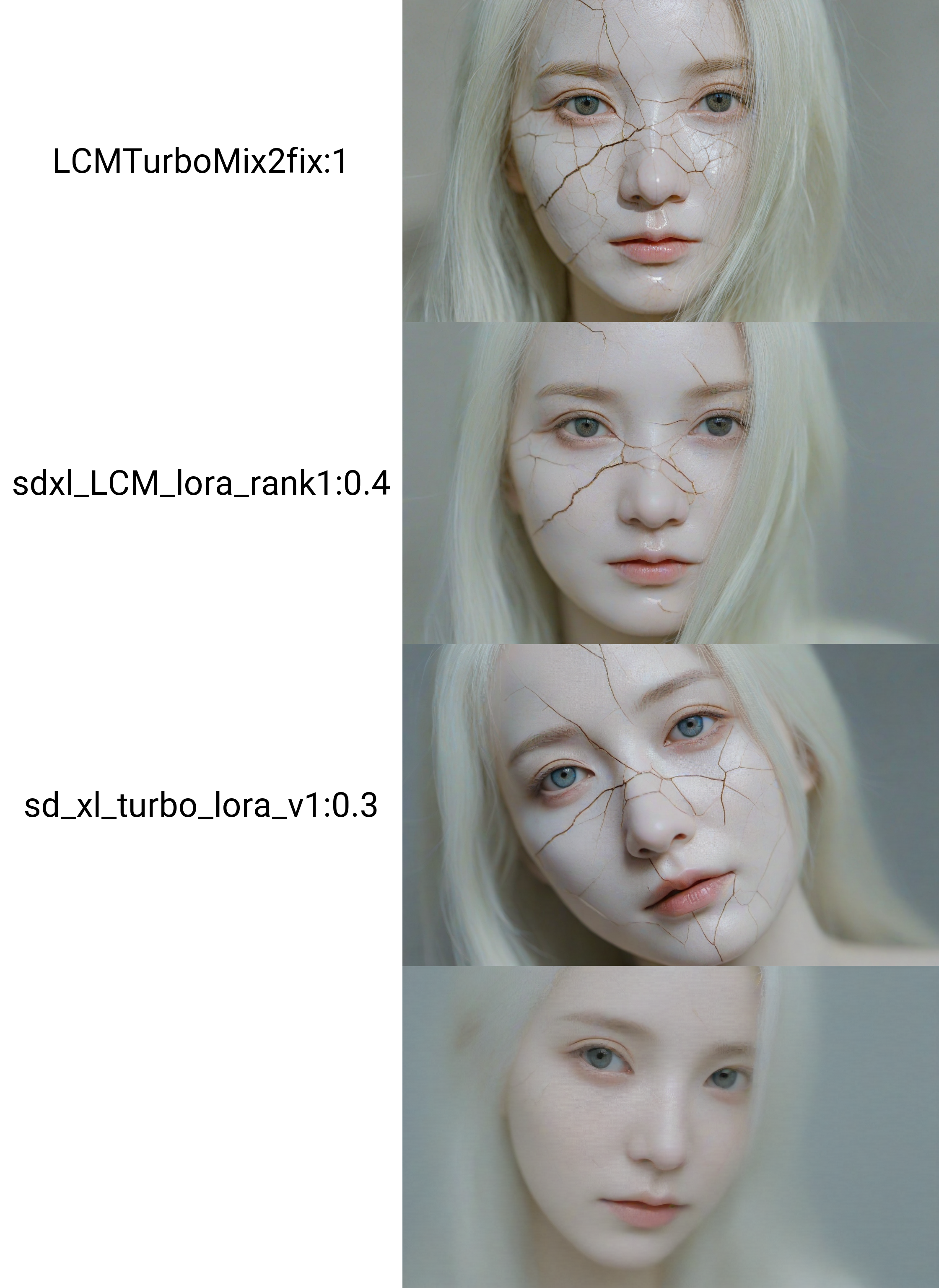 <lora:LCMTurboMix2fix:1>,portrait of a doll with porcelain kintsugi skin,cracked skin,shattered porcelain skin,deep fine cracks,kintsugi,soft focus,half body editorial shot,detph of field,uncanny,long white hair,stunning perfect shining eyes,pale skin,shy smile,intricitaly hyperdetailed,amazing depth,expansive details,cracked surface,iridescent surface,Anna Dittmann,Dominic Qwek,complex masterwork by head of prompt engineering,