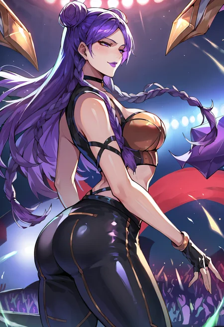 stage, stage lights, crowd, naughty face, <lora:kaisakdaXL:0.8> kaisakdaxl, fingerless gloves, midriff, purple lips, choker, black pants, crop top, double bun, twin braids, long hair, from side, huge ass,, score_9, score_8_up, score_7_up, rating_explicit, source_anime