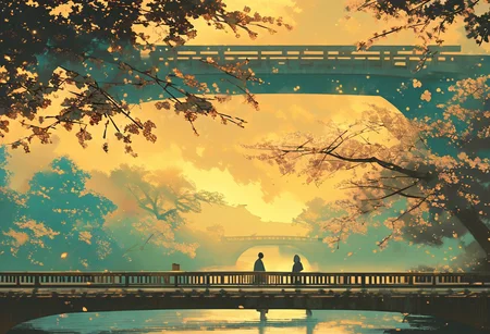 landscape shot with blue hour shot of night shot of two people walk the bridge under a large cherry blossom, in the style of atmospheric paintings, gray and aquamarine, airbrush art, dark white and dark gray, lovely, ultra quality, ultra detailed. Dark, lit, moody, mysterious. Cool light, twilight, peaceful, moody. Scenic, outdoors, grand, beautiful