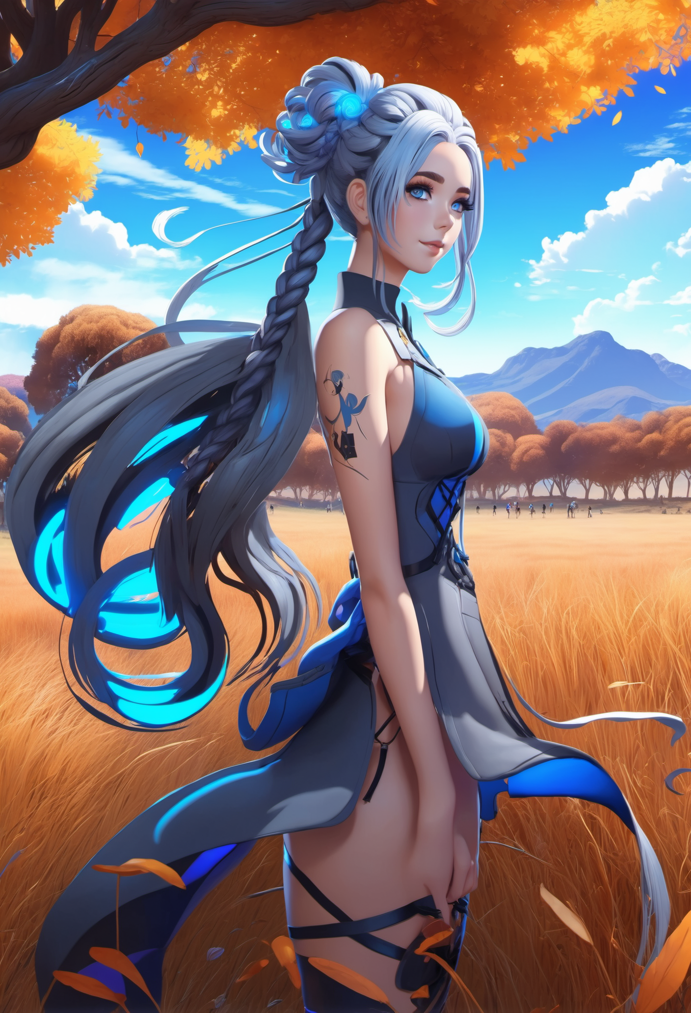 1girl, anime, beautiful girl with glowing blue-grey hair, Braided Updo,very long hair, in an Australian autumn meadow, hourglass figure, facing viewer<lora:envy_xl_test_5:0.75>