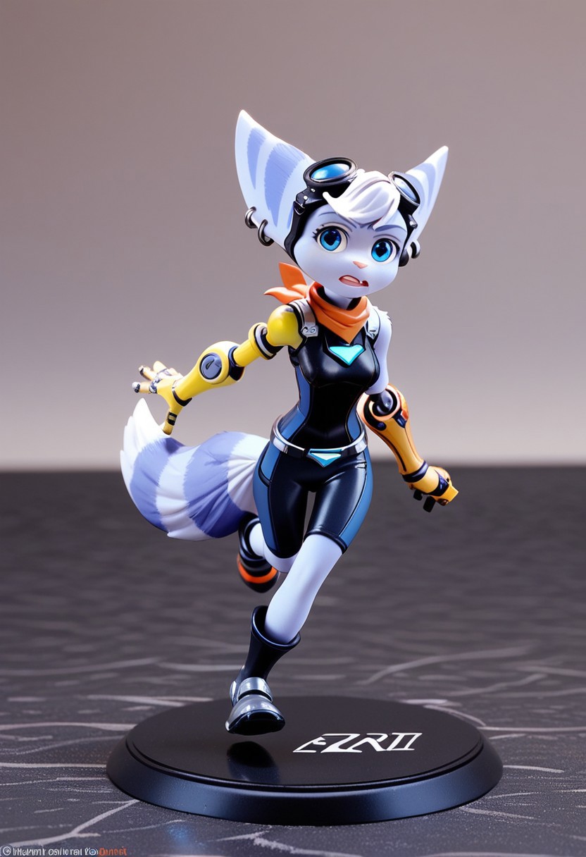 zPDXL3, score_9, score_8_up, score_7_up, score_6_up, score_5_up, score_4_up, 1girl, medium breasts,
black body suit, running, figurine, figure,
racrivet, ratchet & clank, short, blue fur, body fur, 
single mechanical arm, (single bare arm:1.4), (no headwear:1.4), mohawk,
