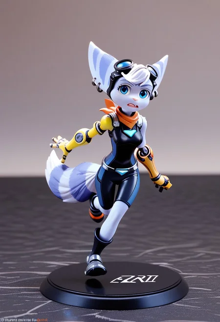 zPDXL3, score_9, score_8_up, score_7_up, score_6_up, score_5_up, score_4_up, 1girl, medium breasts,
black body suit, running, figurine, figure,
racrivet, ratchet & clank, short, blue fur, body fur, 
single mechanical arm, (single bare arm:1.4), (no headwear:1.4), mohawk,
