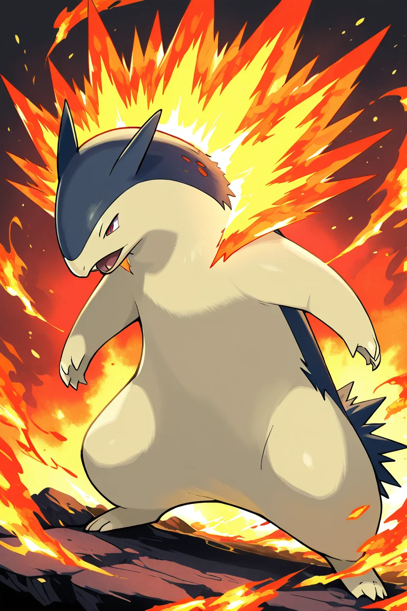 masterpiece, best quality, zzTyphlosion, no humans, pokemon (creature), fire, <lora:TyphlosionPokedexIXL:1.0>,