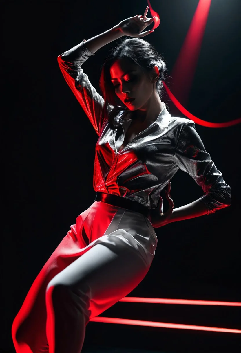 creativity_extractor pitch black background, on stage spotlight, black ,white and red colors, an breathtaking beautiful cg_darkscifi woman Horror_cg doing sensual Expressive dance, mm style