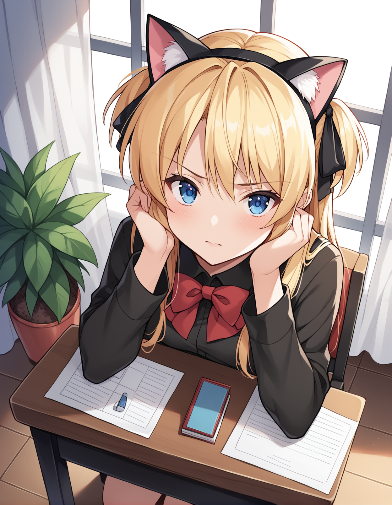 score_9, score_8_up, score_7_up, score_6_up, score_5_up, score_4_up, source_anime, rating_safe, BREAK<lora:shalonXL_LoRA-C3Lier_AdamW_Dim16_Alpha16_UN-3e-4_TE-1.5e-4_8batch_ponyDiffusionV6XL_v6StartWithThisOne:1>, sharon, 1girl, blonde hair, short twintails, two side up, long hair, blue eyes, small breasts, ribbon, hair ribbon, red bowtie, black shirt, collared shirt, long sleeves, fake animal ears, cat ears, hands on own head, embarrassed, sitting, from above, chair, table, potted plant, window, curtains, window shade