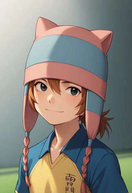 score_9, score_8_up, score_7_up, source_anime, highly detailed,
matsuno, 1boy, male focus, solo, brown hair, black eyes, hat, animal hat, sportwear, raimon, soccer uniform, raimon soccer uniform, shirt, raglan sleeves, blue shirt, yellow shirt, short sleeves, upper body, smile,
outdoor,