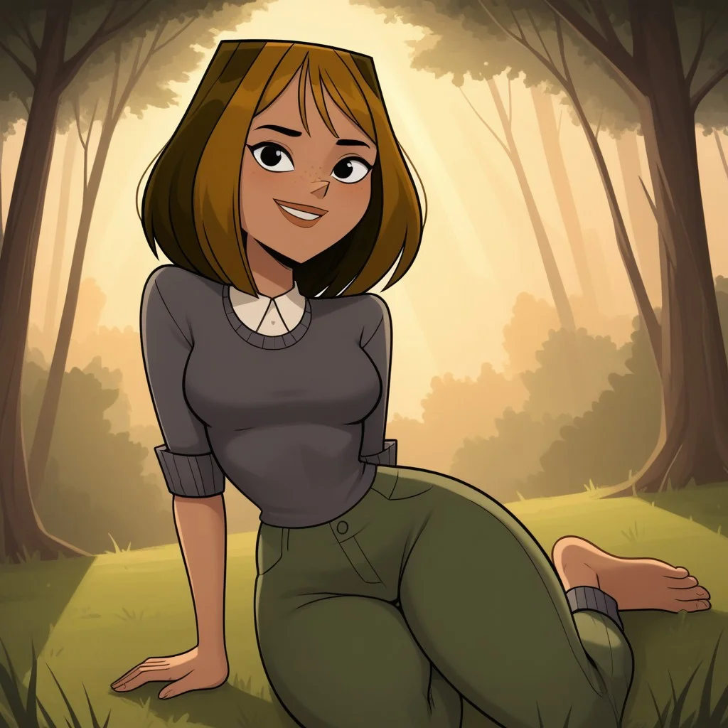 score_9, score_8, BREAK, solo, brown hair, black eyes, lips, collared shirt, grey sweater, short sleeves, green pants, dark skin, barefoot, freckles, breasts, Total Drama, Courtney_(Total_Drama), sexy pose, smile, outdoors, sunlight, shadows, evening lighting, natural lighting, forest, trees, grass, orange sky, sunset