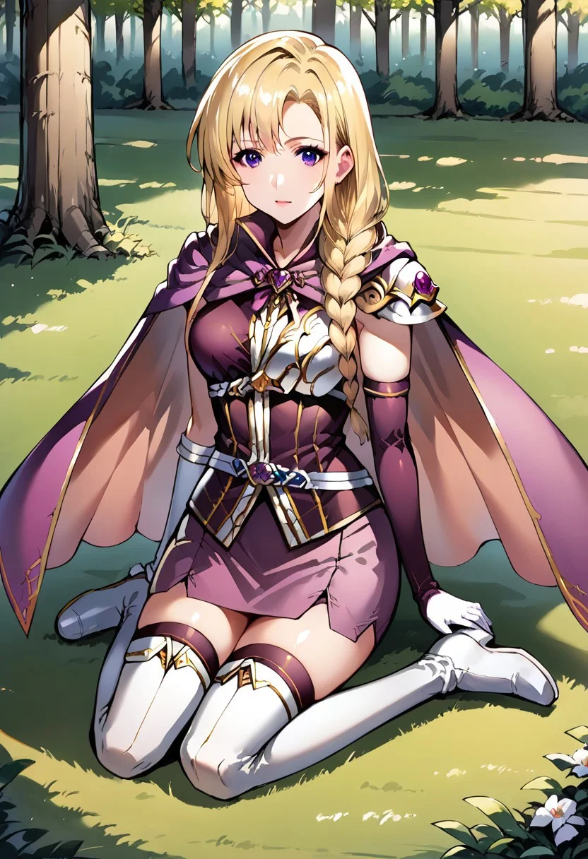 1girl, solo, alone, score_9, score_8_up, score_7_up, masterpiece, high quality, source_anime, very detailed,
LosFE, blonde hair, long hair, single braid, purple eyes, purple sleeveless shirt, chest guard, single shoulder pad, two-tone cape, mismatched gloves, uneven gloves, white belt, pink skirt, purple thighhighs, white thigh boots, white footwear, zettai ryouiki, single purple elbow glove, hair over shoulder, white glove, gold trim,
full body, sitting, hands on lap,
forest, field, clearing, jumping at viewer,
