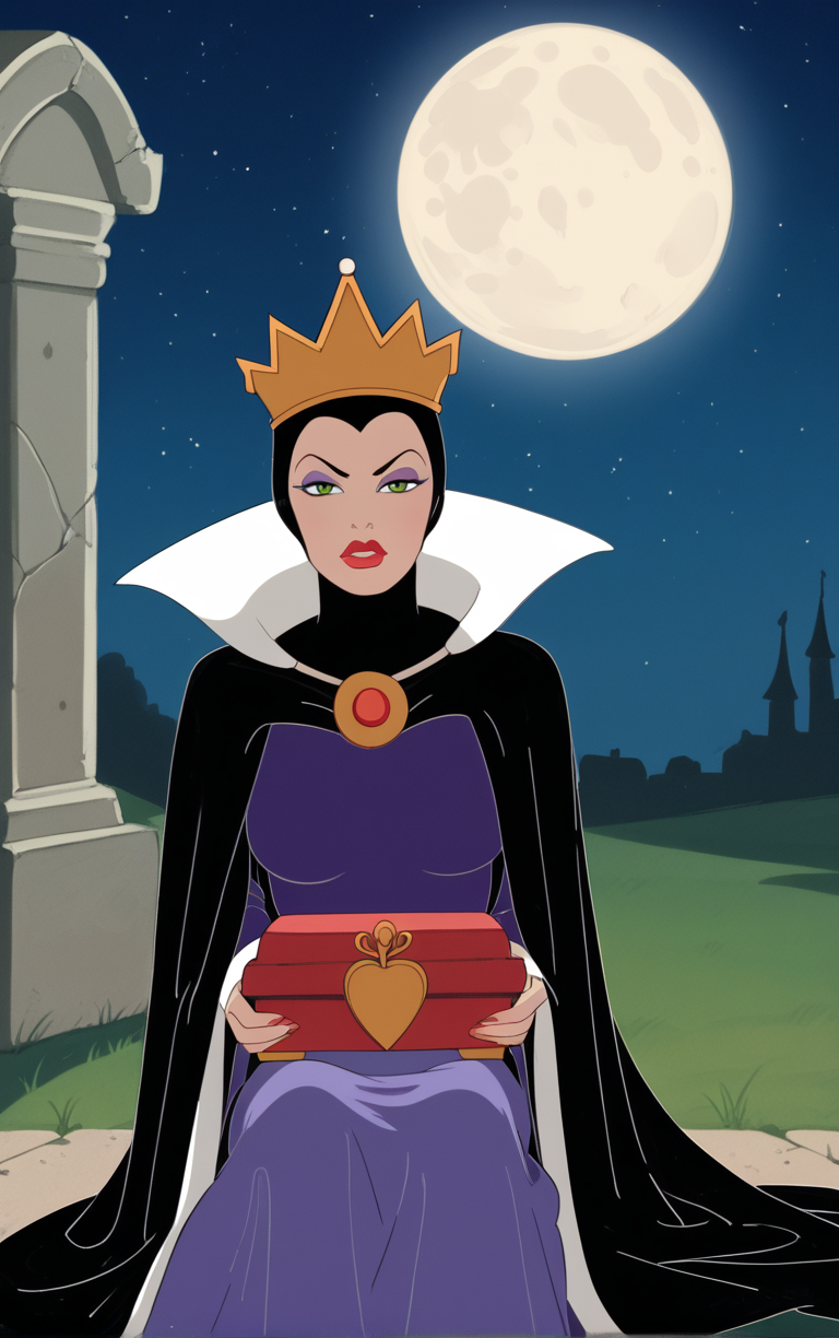 score_9, score_8_up, score_7_up, looking at viewer,  BREAK
Dress_QueenGrimhilde_ownwaifu,
1girl, crown,  makeup, lipstick, red lips,  green eyes,  eyeshadow, breasts,
red rope, rope belt, cape, dress, long sleeves, brooch, gem, robe, wide sleeves, purple dress, purple cape,  jewelry, high collar, silk,
(sitting, full moon), graveyard, grave, tombstone, moonlight, <lora:PONYXL_SnowWhite_QueenGrimhilde_ownwaifu:0.7> , depth of field, solo,