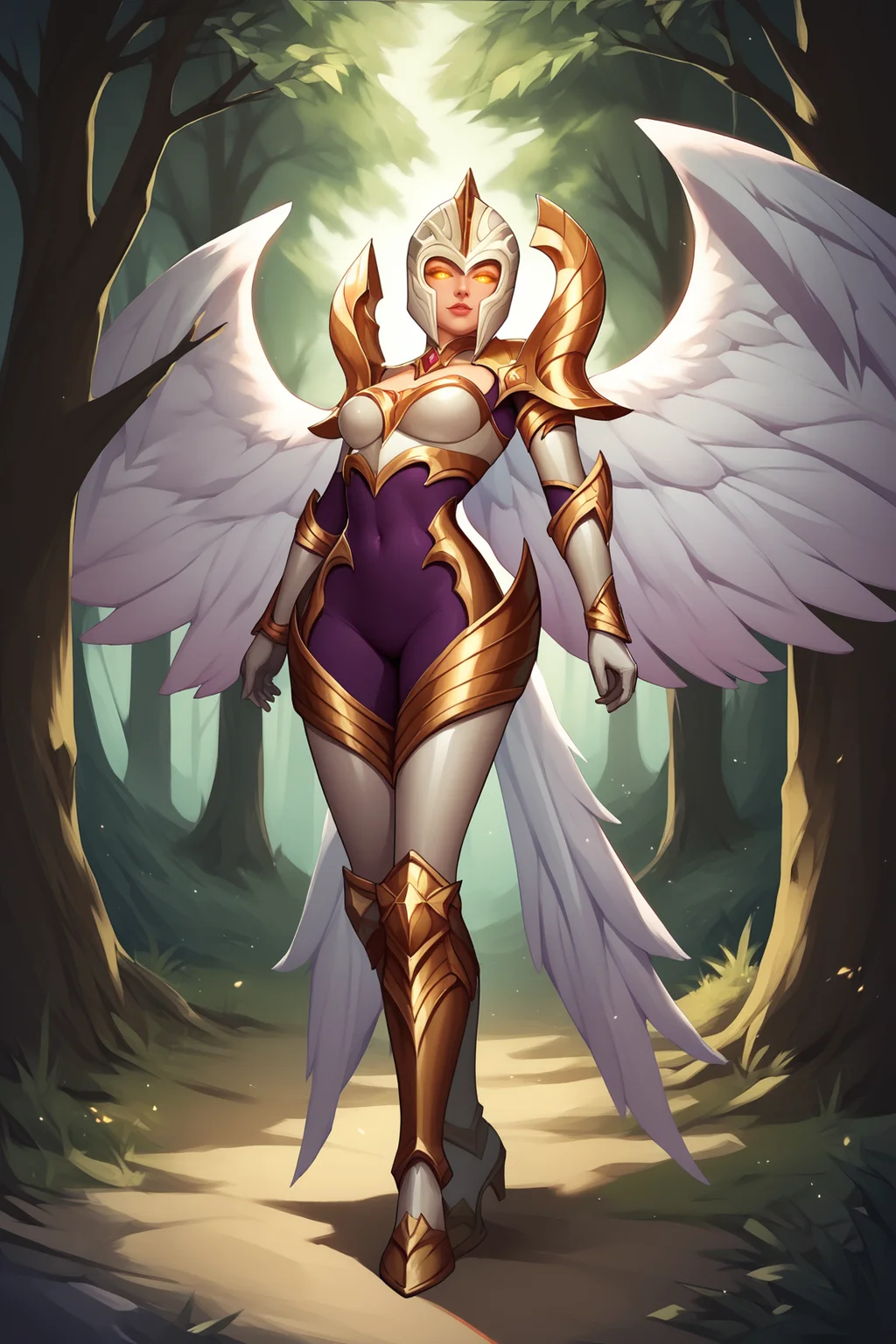 score_9, score_8_up, score_7_up, score_6_up, score_5_up, score_4_up, BREAK, KayleLoLXL, glowing eyes, yellow eyes, white barbute helmet, medium breasts, white wings, white armor, golden ornament armor, gold shoulder armor, arm armor, white gloves, white breastplate, purple bodysuit, white leg armor, white armored boots, solo, full body, standing, looking at viewer, forest, tree <lora:KayleLoLXL:0.9>