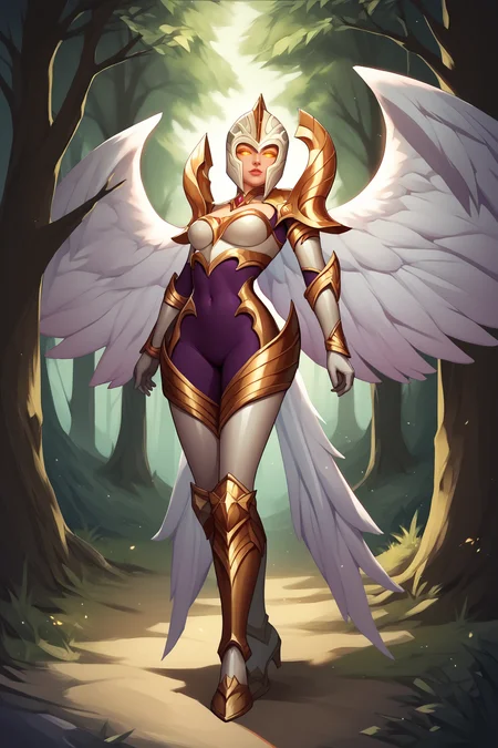 score_9, score_8_up, score_7_up, score_6_up, score_5_up, score_4_up, BREAK, KayleLoLXL, glowing eyes, yellow eyes, white barbute helmet, medium breasts, white wings, white armor, golden ornament armor, gold shoulder armor, arm armor, white gloves, white breastplate, purple bodysuit, white leg armor, white armored boots, solo, full body, standing, looking at viewer, forest, tree <lora:KayleLoLXL:0.9>