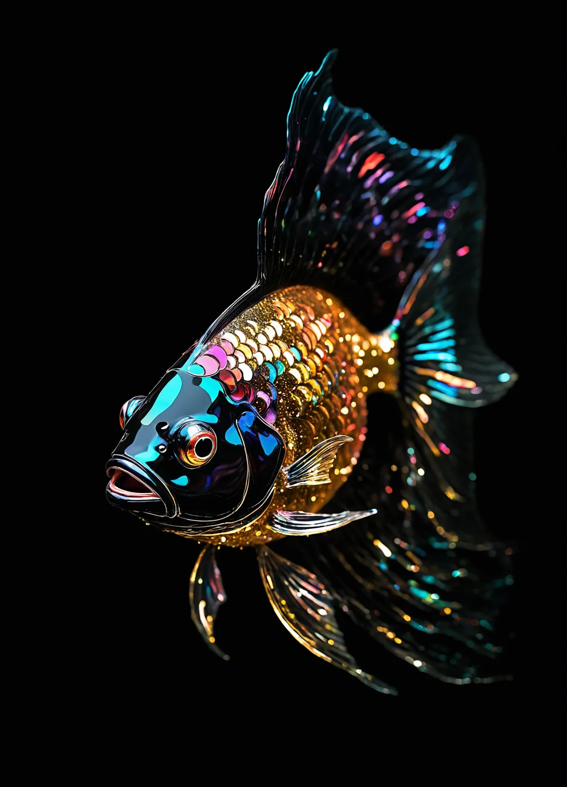 abstract fish, shiny, colorful, black background, reflective surface, <lora:GlitterStyle_sdxl:0.8> GlitterStyle