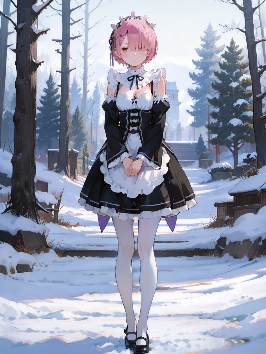 perfect quality,high quality,masterpiece,best quality,amazing quality,very aesthetic,absurdres,Cinematic Lighting,newest,Tactical use of shadow,
front view,full_shot,Thoughtful gaze,
RAMCYQL,1girl,solo,short hair,bangs,pink hair,hair over one eye,red eyes,hair ornament,x hair ornament,maid headdress,ribbon,hair ribbon,purple ribbon,maid,roswaal mansion maid uniform,black dress,detached sleeves,long sleeves,apron,waist apron,white apron,frills,pantyhose,white pantyhose,mary janes,black footwear,cleavage,
full body,standing,covering_eyes,,
snow background,simple background,
<lora:spo_sdxl_10ep_4k-data_lora_webui:0.5>,<lora:illustrious_all_rated_v1:0.6>,<lora:748cmSDXL:0.8>,748cmstyle,<lora:DarkerThanBlackIllustrious:0.5>,<lora:EtherSDXL:0.5>,EtherStyle,<lora:RAMCYQL:1>,
