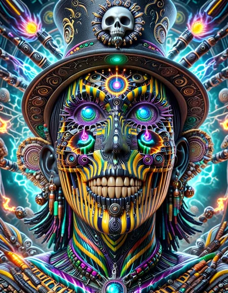 professional 3d model breathtaking ,helios a man with a hat sitting in the middle of a body, cyberpunk art, cgsociety contest winner, afrofuturism, sacred skull, wearing psychedelic wicca, witch - doctor, upper body avatar, psy
 <lora:helios2:1> <lora:helios:1> . award-winning, professional, highly detailed . octane render, highly detailed, volumetric, dramatic lighting