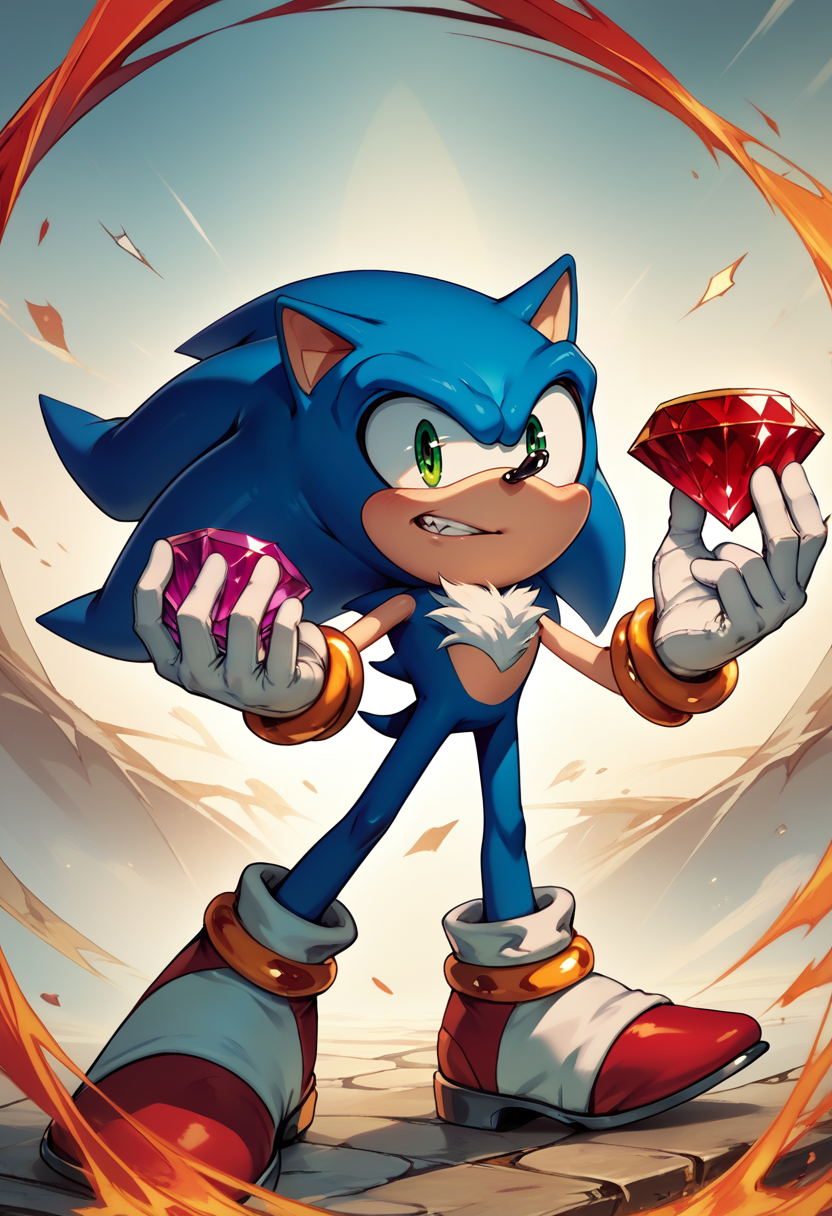 score_9, score_8_up, score_7_up, chaos emerald, holding, gem, holding gem, <lora:ChaosEmeraldHolding_pdxl_Incrs_v1:1>, sonic the hedgehog, 1boy, blue skin, green eyes,