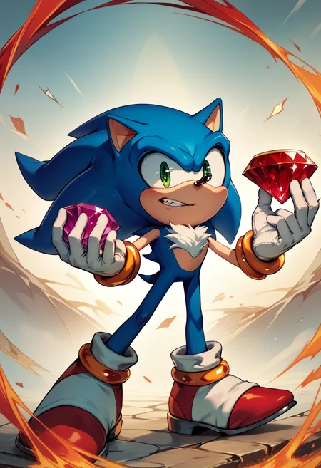 score_9, score_8_up, score_7_up, chaos emerald, holding, gem, holding gem, <lora:ChaosEmeraldHolding_pdxl_Incrs_v1:1>, sonic the hedgehog, 1boy, blue skin, green eyes,