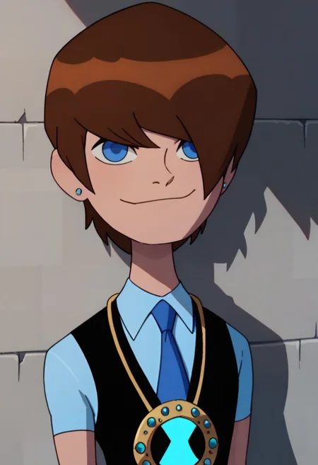 score_9, score_8_up, score_7_up, masterpiece, best quality, amazing quality, best aesthetic, ,absurdres,intricate details,Ben23,1boy,solo,brown hair,short hair,jewelry,blue eyes,,blue shirt, short sleeves,black vest, blue necktie,smile,closed mouth,hair over eye,upper body