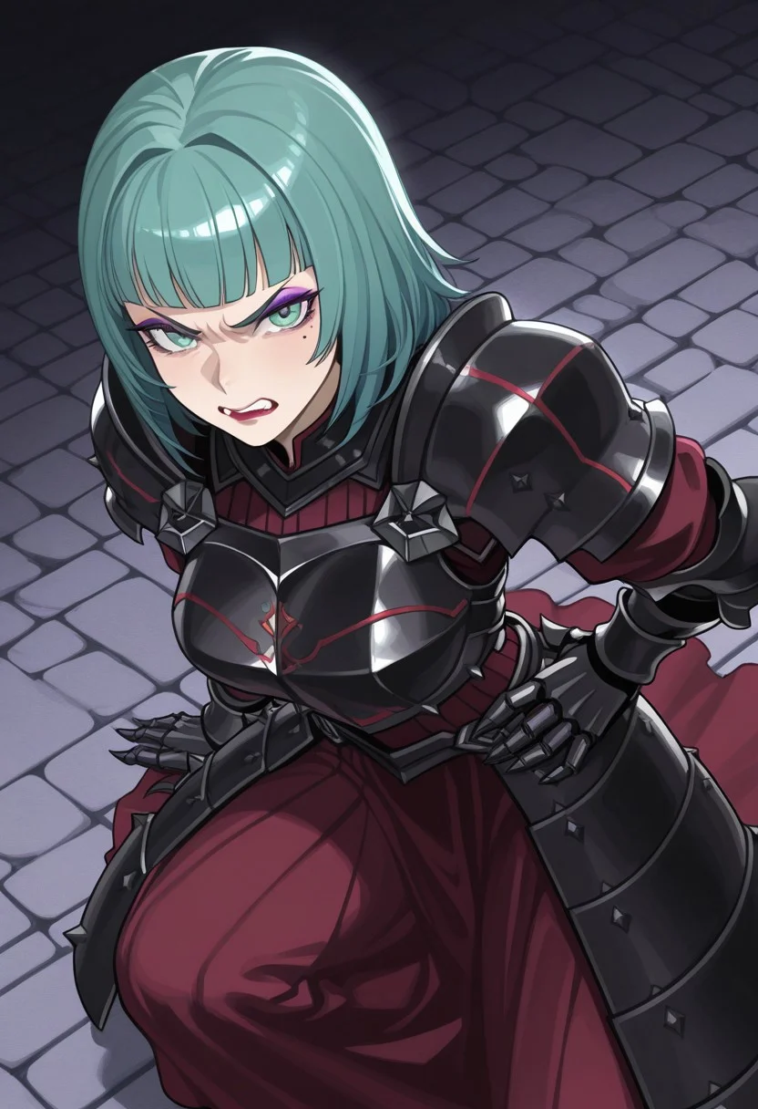 source_vanillaware,
from above, high angle, close up,
1girl, solo,
AlcinaIL, Alcina Unicorn Overlord, milf,
cyan eyes, mole under eye, aqua hair, medium hair, chopped bangs, purple eyeshadow, dark red lipstick,
dark armor, armored dress, spiky armor,
black pauldrons, black breastplate, black gauntlets,
one knee, angry, worried, grit teeth looking at viewer, hand on waist,
stone floor,