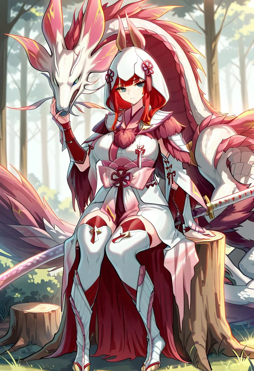 mizutsune armor,1girl,holding pink katana,sitting,red hair,long hair,white detached sleeves,white thighhighs,white wataboushi,yellow sandals,1other,eastern dragon,tamamitsune,whiten scabbard,pink katana,white kimono,looking at viewer,green eyes, big boobs, forest background, sitting on a tree stump,
masterpiece,best quality,amazing quality,very aesthetic,absurdres,newest,<lora:Mizutsune Armor illuXL v1:0.7>,