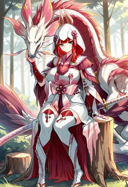 mizutsune armor,1girl,holding pink katana,sitting,red hair,long hair,white detached sleeves,white thighhighs,white wataboushi,yellow sandals,1other,eastern dragon,tamamitsune,whiten scabbard,pink katana,white kimono,looking at viewer,green eyes, big boobs, forest background, sitting on a tree stump,
masterpiece,best quality,amazing quality,very aesthetic,absurdres,newest,<lora:Mizutsune Armor illuXL v1:0.7>,
