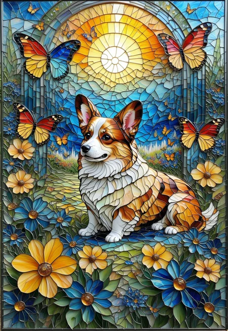 lazypos, glass shard, a masterpiece stained glass mural, noble pembroke welsh corgi in a garden of wild blue flowers under a rainbow sky, surrounded by butterflies, playful, highly detailed