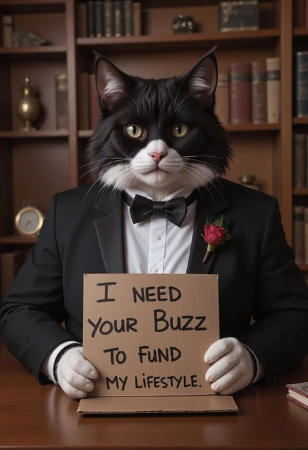 fat black and white tuxedo cat, wearing a tuxedo and sitting in his private study library, their is a cardboard sign in front on him that say. "I need your Buzz to fund my lifestyle."