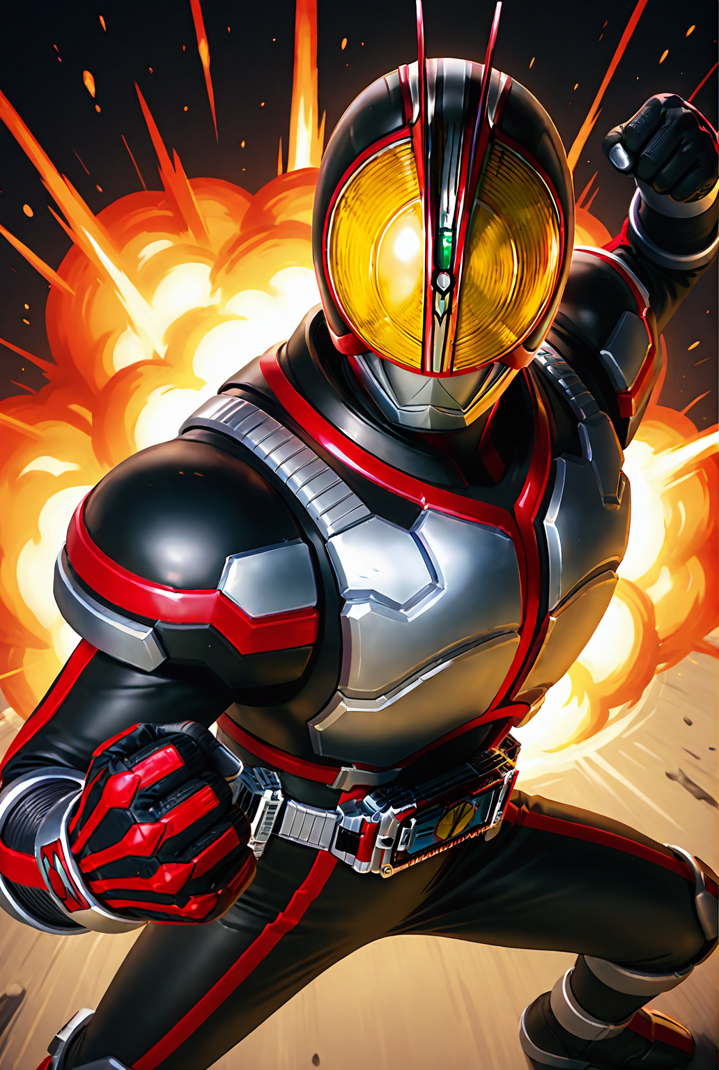 score_9,score_8_up,score_7_up,male focus,ultra-detailed,high resolution,digital painting,8k,1boy,solo,cowboy shot,from above,perspective,clenched hand,male focus,detailed face,helmet,armor,bodysuit,belt,tokusatsu,black bodysuit,fighting stance,fire, explosion,<lora:add-detail-xl:1>,<lora:KamenRider Faiz[illustrious]:0.7>,kamenrider faiz,kamen rider,<lora:League_of_Legends__illustrious-XL:0.5>,