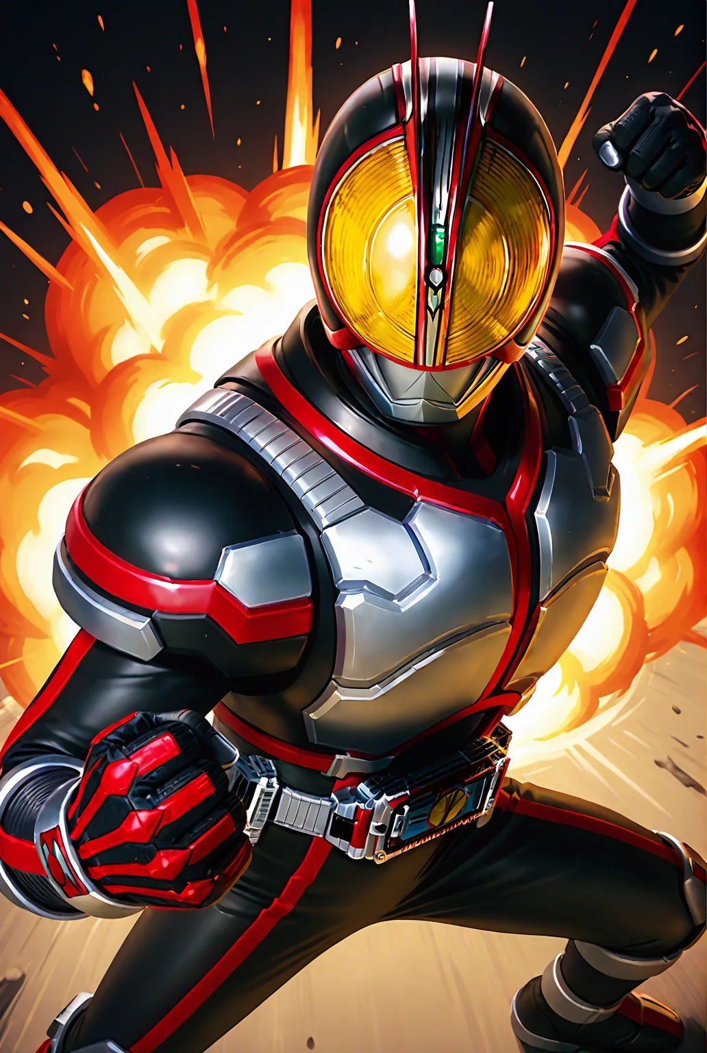 score_9,score_8_up,score_7_up,male focus,ultra-detailed,high resolution,digital painting,8k,1boy,solo,cowboy shot,from above,perspective,clenched hand,male focus,detailed face,helmet,armor,bodysuit,belt,tokusatsu,black bodysuit,fighting stance,fire, explosion,<lora:add-detail-xl:1>,<lora:KamenRider Faiz[illustrious]:0.7>,kamenrider faiz,kamen rider,<lora:League_of_Legends__illustrious-XL:0.5>,