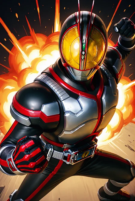 score_9,score_8_up,score_7_up,male focus,ultra-detailed,high resolution,digital painting,8k,1boy,solo,cowboy shot,from above,perspective,clenched hand,male focus,detailed face,helmet,armor,bodysuit,belt,tokusatsu,black bodysuit,fighting stance,fire, explosion,<lora:add-detail-xl:1>,<lora:KamenRider Faiz[illustrious]:0.7>,kamenrider faiz,kamen rider,<lora:League_of_Legends__illustrious-XL:0.5>,