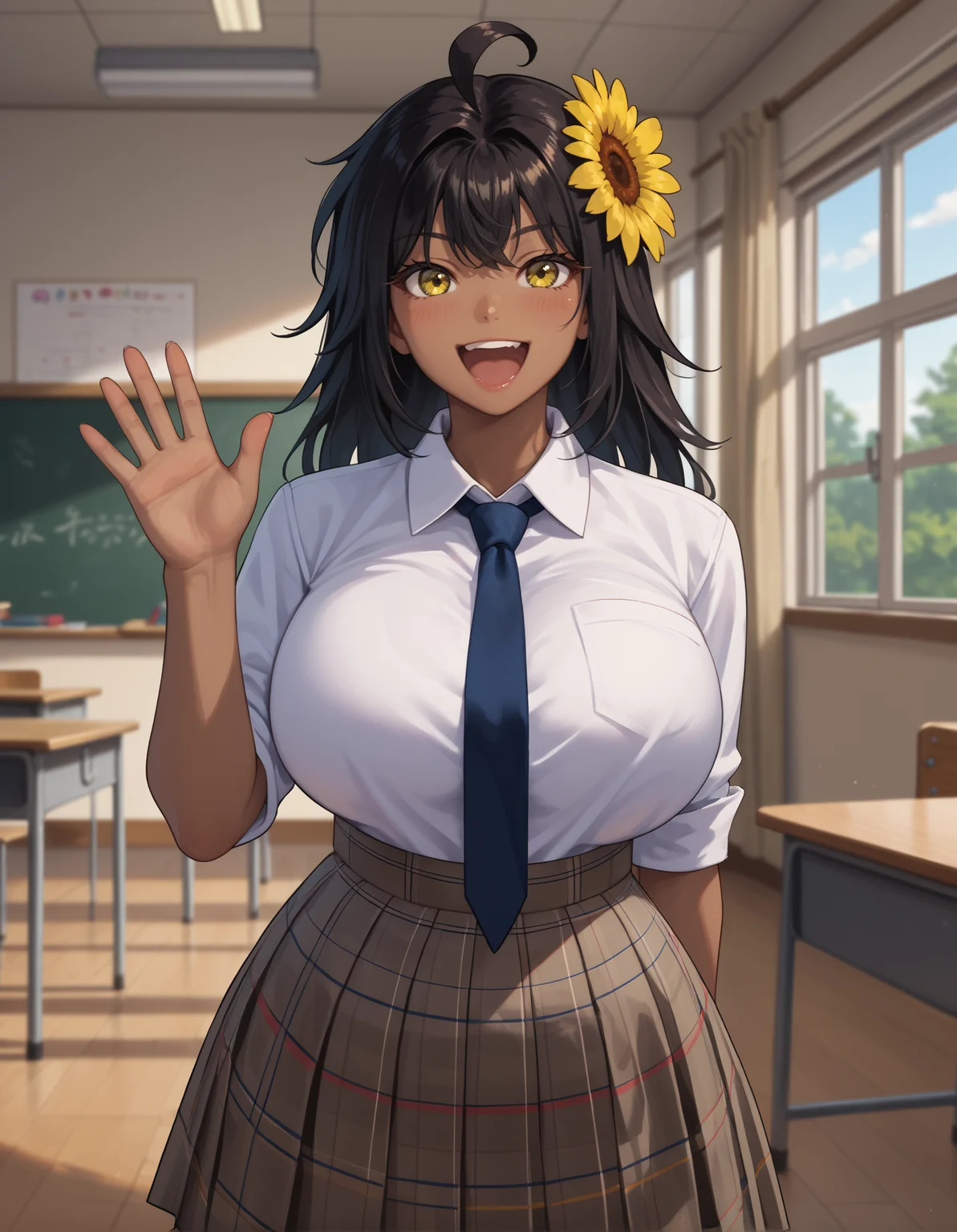 score_9, score_8_up, score_7_up,score_6_up source_anime,1girl,solo,classroom,smile,happy,open mouth,,waving,huge breasts, plaid skirt,grey skirt,school uniform,necktie between breasts,
<lora:latina-the dark brown-koto-PonyXL:1> latidar, sunflower hair ornament, yellow eyes, dark skin, dark-skinned female, large breasts,black hair,ahoge
