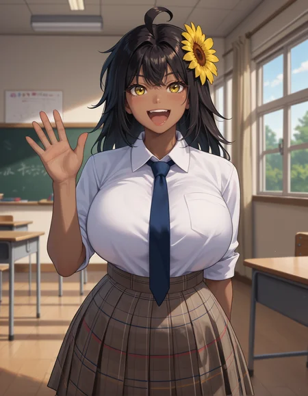 score_9, score_8_up, score_7_up,score_6_up  source_anime,1girl,solo,classroom,smile,happy,open mouth,,waving,huge breasts, plaid skirt,grey skirt,school uniform,necktie between breasts, 
<lora:latina-the dark brown-koto-PonyXL:1> latidar, sunflower hair ornament, yellow eyes, dark skin, dark-skinned female, large breasts,black hair,ahoge