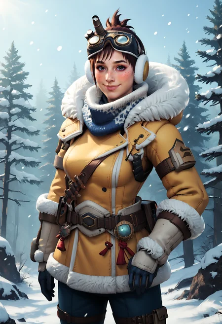 score_9, score_8_up, score_7_up, score_6_up, score_5_up, score_4_up, rating_safe, 1girl, breasts, solo, MHWHandler, looking at viewer, blush, gentle smile, closed mouth, snowing, winter forest, massive trees, brown hair, freckles, HandlerSelianaOutfit, goggles on head, yellow fur coat, blue pants, fur boots, fur gloves, scarf, earmuffs
<lora:The_Handler_Monster_Hunter_World_PONY:0.8>