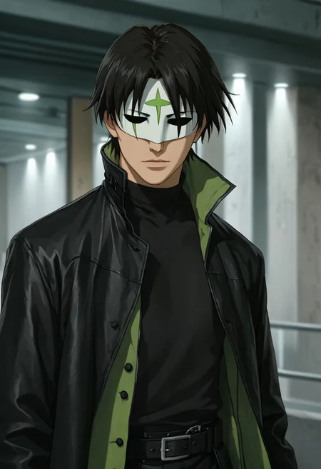 source_anime, D4RK3RTH4NBL4CK, DTB_Style,((score_9)),score_8_up,score_7_up,score_6_up,score_5_up,score_4_up, retro_artstyle, anime style, 1boy, hei_(darker_than_black), mask, tank_top, black_hair, black_gloves, trenchcoat, looking at viewer, facing viewer, masterpiece, best quality, highres, best illumination, depth of field, Artist style:komori_takahiro