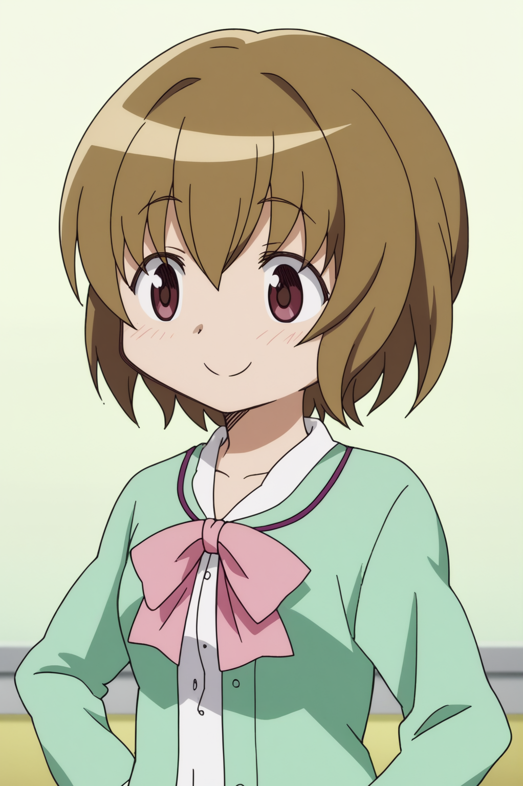 rating_safe,  anime screencap, consistent background,   Kazuko Saotome, light smile, upper body  <lora:Madoka-Kazuko_Saotome-PDXL:0.8>,