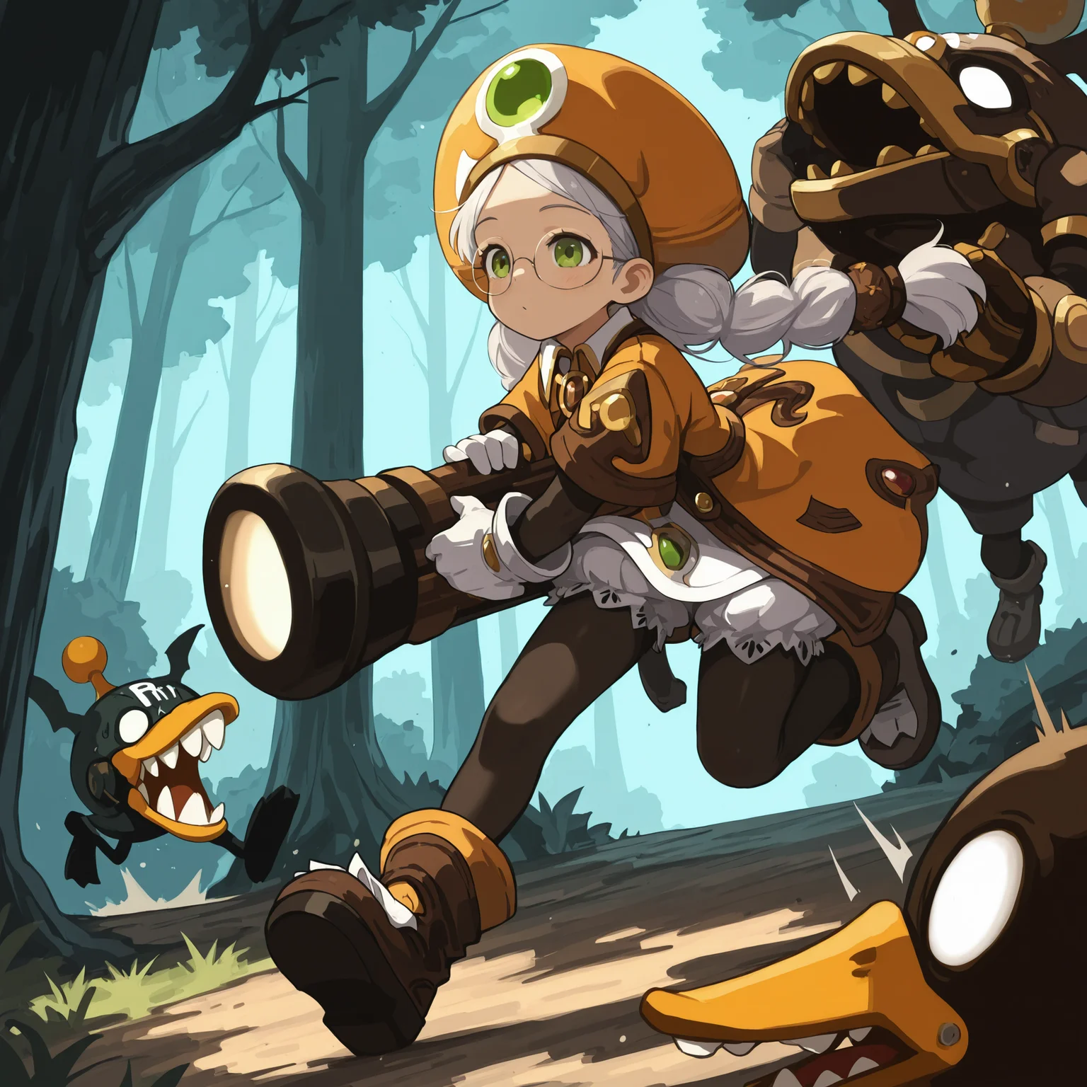 AcadDN01, carrying a cannon, run after by huge Mecha Duck, orange hat, brown gloves, white gloves, black pantyhose, twin braids, boots, short sleeves, white bloomer, in a forest <lora:academic_dragonnest:1>