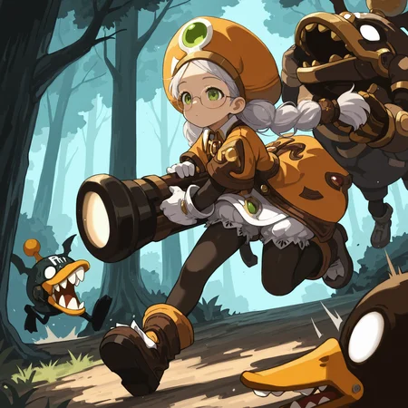AcadDN01, carrying a cannon, run after by huge Mecha Duck, orange hat, brown gloves, white gloves, black pantyhose, twin braids, boots, short sleeves, white bloomer, in a forest <lora:academic_dragonnest:1>