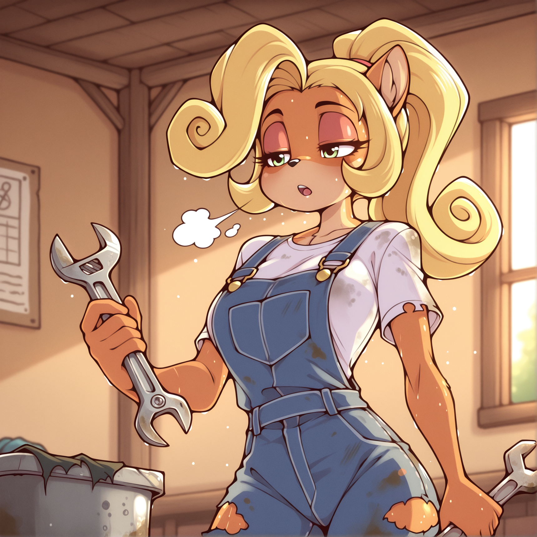 masterpiece, best quality, amazing quality, bymarikstyle,furry,furry female,1girl,solo,coco bandicoot,white shirt, overalls, dirty clothes, torn clothes, holding wrench,sweaty, sigh, heavy breathing, inside workshop:o,half-closed eyes<lora:Marik_Azemus_Style_v2:1.2>