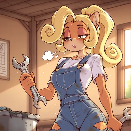 masterpiece, best quality, amazing quality, bymarikstyle,furry,furry female,1girl,solo,coco bandicoot,white shirt, overalls, dirty clothes, torn clothes, holding wrench,sweaty, sigh, heavy breathing, inside workshop:o,half-closed eyes<lora:Marik_Azemus_Style_v2:1.2>