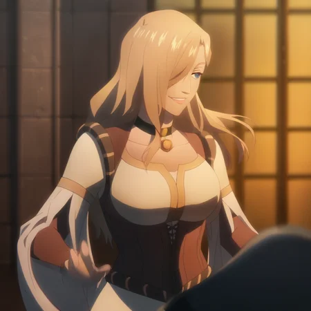 score_9, score_8_up, score_7_up, source_anime, expressive, anime, dynamic, (E55IL1TTL3EY3) an adult female is dancing, Anime coloring, 1girl, adult woman, blonde hair, wavy hair, long hair, hair over one eye, blue eye, collarbone, large breasts, pink lips, white dress, corset, choker, long sleeves, detached sleeves, white dress, corset, long sleeves, detached sleeves, smile, depth of field, motion blur, beautiful woman, detailed background, indoors