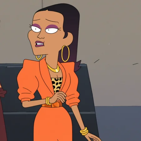 shiny copper belt, Gigi_IJ, curvy body, standing, purple lips, gold hoop earrings, expressive eyes, score_9, in an office, orange pencil skirt, maroon curly ends, gold necklace, black hair, medium breasts, smile, leopard print top under jacket, Score_9, shoulder length hair, purple platform heels, purple eyeshadow, orange suit jacket with rolled up sleeves, 1 girl, black eyes, Alone, two gold bracelets, straight hair