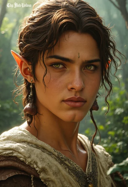 Ultra Realistic Portrait of a striking half-elf with a blend of human and elven features, embodying both strength and grace. His skin is a warm, golden tan, with a smooth texture that hints at his youthful vitality. His eyes are a captivating mix of green and gold, with an almond shape that reflects his elven heritage, glowing with intelligence and curiosity.
His hair is a rich, chestnut brown, cascading down to his shoulders in loose waves, with a single thin braid on one side adorned with a small, silver bead. His ears are slightly pointed, not as pronounced as a full elf's, subtly indicating his mixed lineage. His face is a harmonious balance of sharp, elven cheekbones and a strong, human jawline, giving him a rugged yet refined appearance.
His lips are full and set in a contemplative expression, with a hint of a smile that suggests both kindness and a sense of adventure. He wears a simple, yet elegant, tunic made of fine linen, with intricate embroidery along the collar and cuffs, hinting at a connection to both nature and civilization.
The lighting is soft and natural, casting gentle shadows that highlight the contours of his face and the texture of his hair. The background is a lush forest with dappled sunlight filtering through the trees, suggesting his deep connection to nature and his dual heritage as both a wanderer and a protector. The overall portrait conveys a sense of inner peace, strength, and the unique harmony of his mixed bloodline.