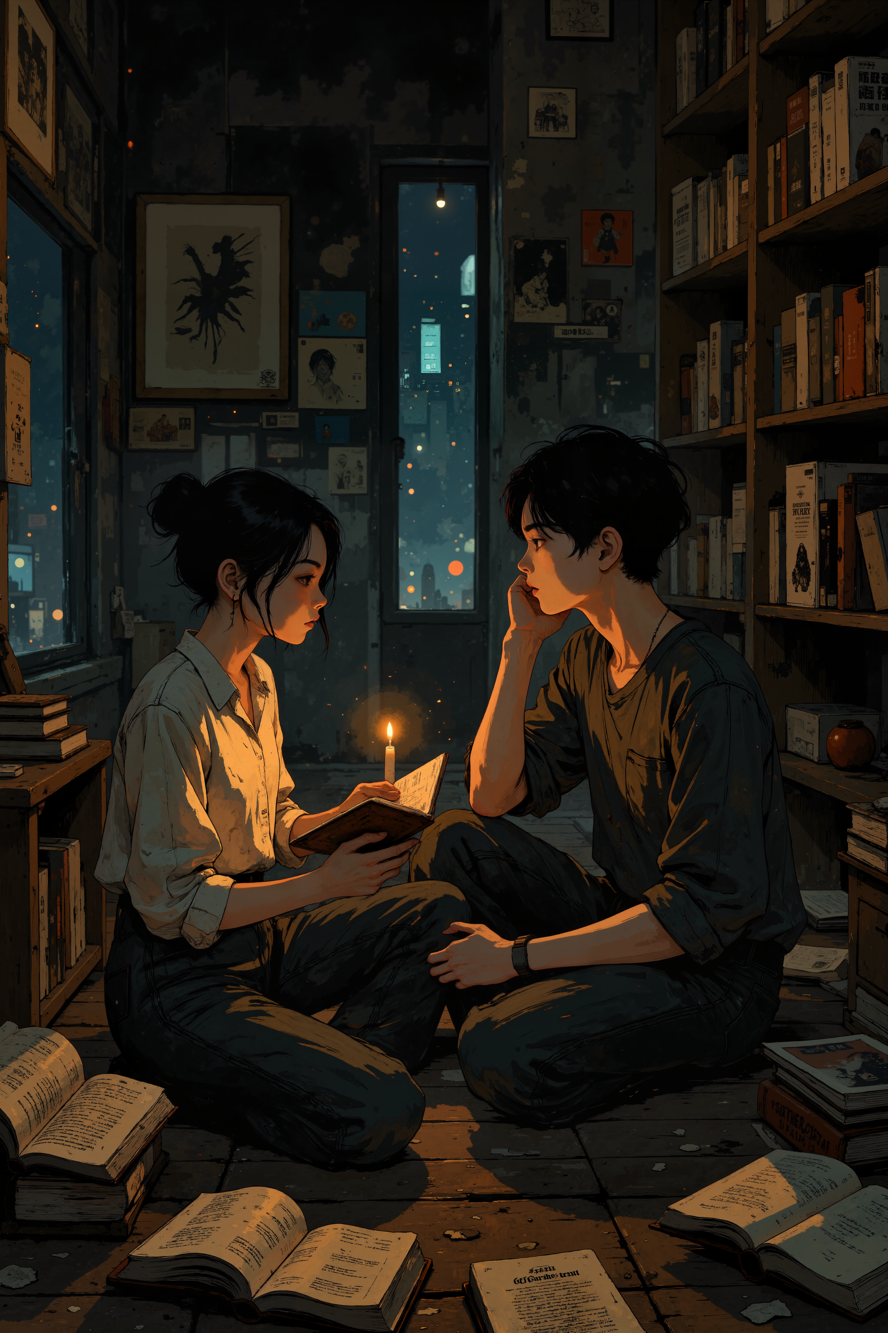 In a small, dimly lit living room, a young couple sits on the floor surrounded by stacks of open books and crumpled papers, their faces illuminated by the soft glow of a flickering candle. The woman, her dark hair tied back in a loose bun, holds an old, worn book in her hands, her fingers tracing the faded text as she reads aloud. The man, his face unshaven and his clothes rumpled, listens intently, his eyes closed as he leans back against the wall, a faint smile playing at the corners of his lips. Outside, the distant sound of sirens and honking cars echoes through the streets, but inside, the world feels still and intimate, a quiet refuge from the chaos of the city. The shelves that line the walls are filled with books of every kind, their spines worn and faded, each one a portal to another world. The scene captures the timeless beauty of human connection through shared stories, the power of words to transport and heal, even in the most humble of settings.  Fantastic lighting. Detailed shadows.intricate details, vivid colors, hyper-detailed, ultra-sharp <lora:Blue_Future:0.2><lora:Ethereal_Brush_Anime_v1.0:0.6><lora:Dark_and_sentimental v1.0:0.6><lora:It's a LoRA for portraits, BUT! actually specialized in backgrounds. v1.0:0.3>