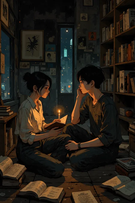 In a small, dimly lit living room, a young couple sits on the floor surrounded by stacks of open books and crumpled papers, their faces illuminated by the soft glow of a flickering candle. The woman, her dark hair tied back in a loose bun, holds an old, worn book in her hands, her fingers tracing the faded text as she reads aloud. The man, his face unshaven and his clothes rumpled, listens intently, his eyes closed as he leans back against the wall, a faint smile playing at the corners of his lips. Outside, the distant sound of sirens and honking cars echoes through the streets, but inside, the world feels still and intimate, a quiet refuge from the chaos of the city. The shelves that line the walls are filled with books of every kind, their spines worn and faded, each one a portal to another world. The scene captures the timeless beauty of human connection through shared stories, the power of words to transport and heal, even in the most humble of settings. Fantastic lighting. Detailed shadows.intricate details, vivid colors, hyper-detailed, ultra-sharp <lora:Blue_Future:0.2><lora:Ethereal_Brush_Anime_v1.0:0.6><lora:Dark_and_sentimental v1.0:0.6><lora:It's a LoRA for portraits, BUT! actually specialized in backgrounds. v1.0:0.3>