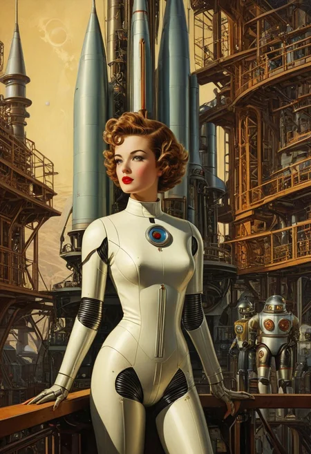 High-angle shot full length oil painting, etching, robot girl retro science fiction pinup girl, wearing a spacesuit , narrow waist, narrow hips, surreal perspective, unusual architecture, robot skin, vintage rocket background, short curly tousled hair, lipstick, eye liner, great legs, hyperdetailed, fine line details, antique art fantasy, viewed from above,
